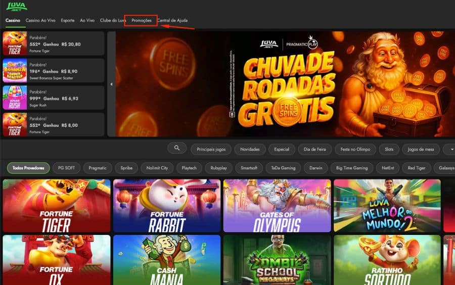 Página inicial do site Luva Bet com uma seta indicando a localização do link 'Promoções' no menu principal.