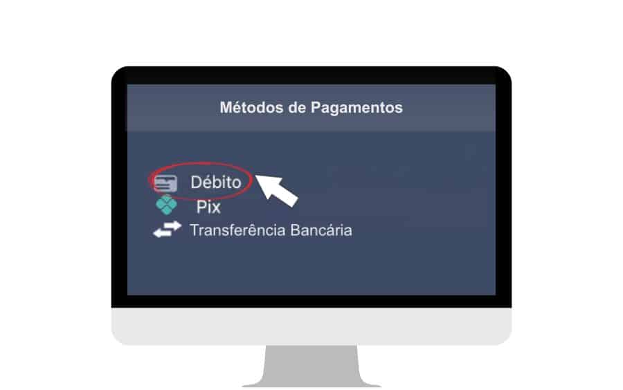 Menu de métodos de pagamento em um cassino online, com uma seta apontando para a opção 'Débito'. Ilustra como escolher o Cartão de Débito em Cassinos Online no Brasil para depósitos.