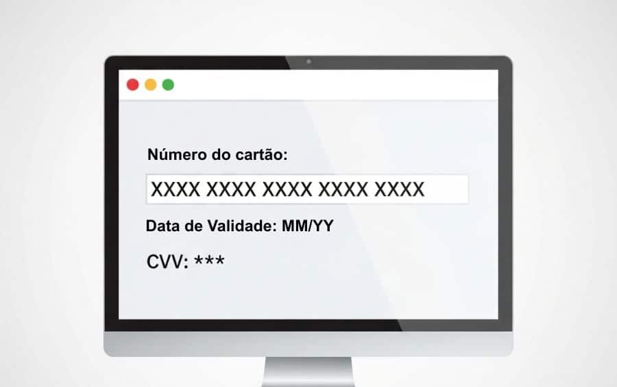 Formulário de preenchimento de dados de cartão em uma tela de computador, com campos para número, validade e CVV. Demonstra a inserção de dados para depósitos com Cartão de Débito em Cassinos Online no Brasil.