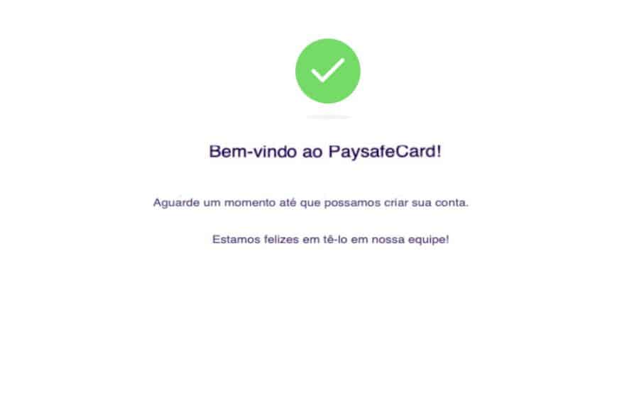 Tela de boas-vindas confirmando a criação da conta no myPaysafe.