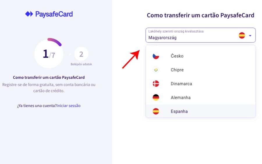 Tela inicial do cadastro myPaysafe mostrando seleção de país de residência.