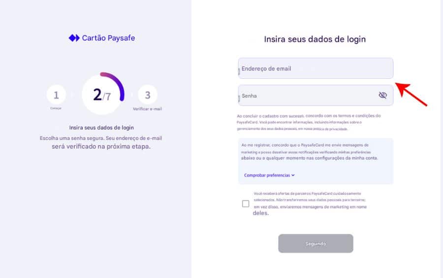 Formulário de registro do myPaysafe pedindo e-mail e senha de acesso.