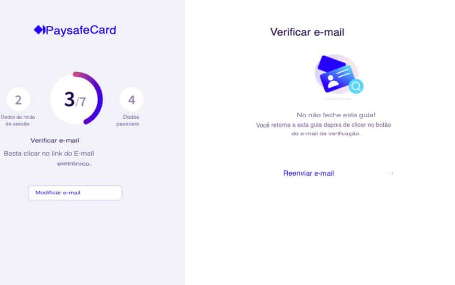 Etapa de cadastro myPaysafe solicitando confirmação do e-mail enviado.