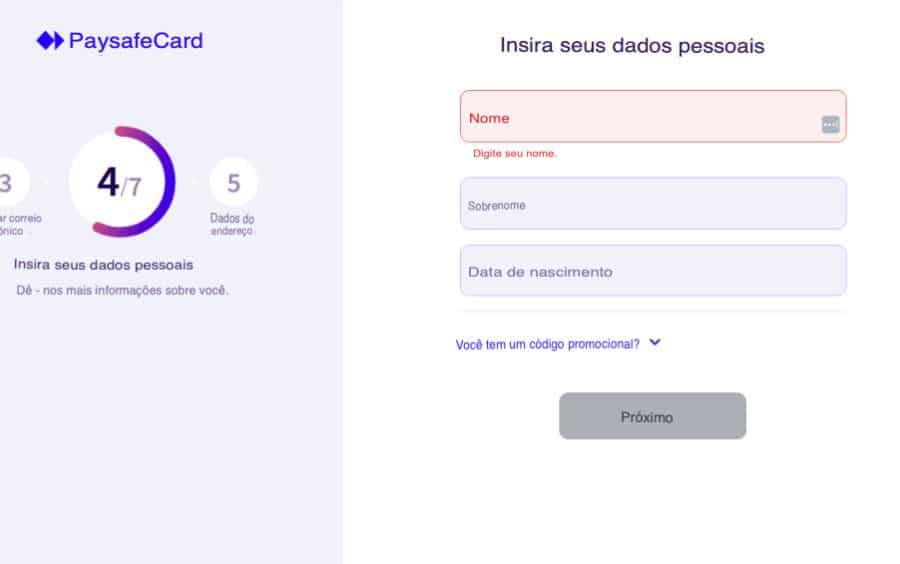 Formulário do myPaysafe solicitando nome, sobrenome e data de nascimento.