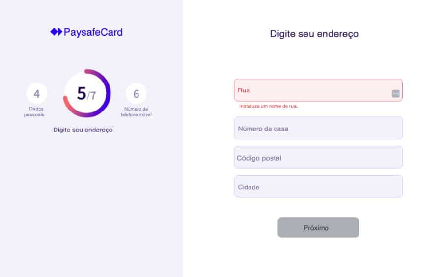 Etapa do cadastro myPaysafe para inserir rua, número, CEP e cidade.