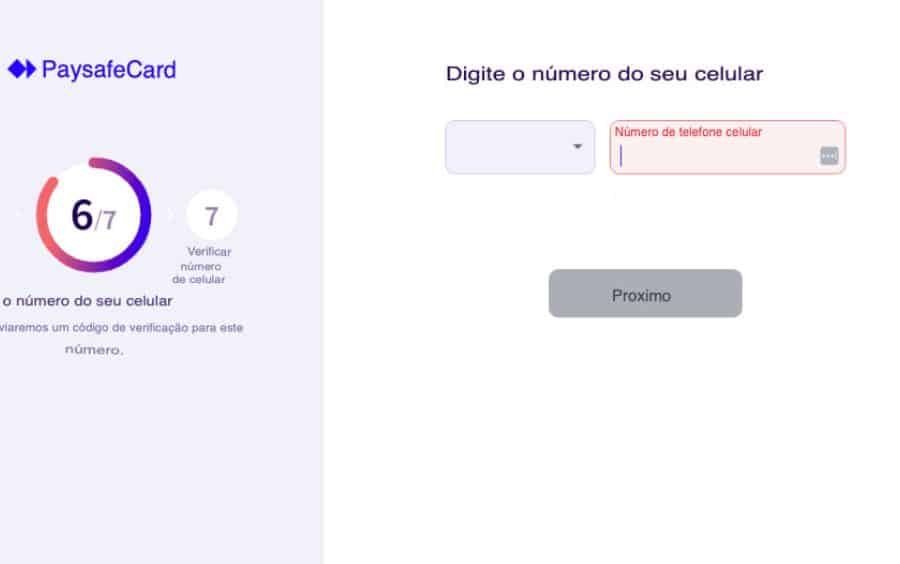 Formulário do myPaysafe pedindo número de telefone para verificação via SMS.