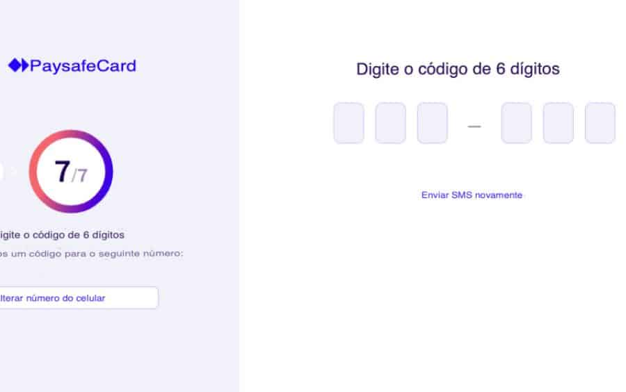 Tela do myPaysafe solicitando código de 6 dígitos enviado por SMS.
