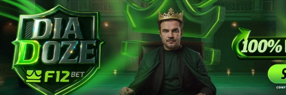 Imagem da promoção "Dia Doze" da F12.bet, com o embaixador da marca e o selo de 100% de cashback, uma das ofertas detalhadas na Análise Completa da F12.bet.