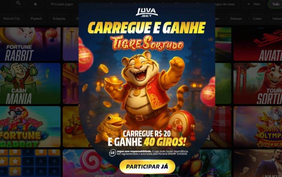 Banner da promoção 'Carregue R$ 20 e Ganhe 40 Giros' no jogo Tigre Sortudo da Luva Bet.