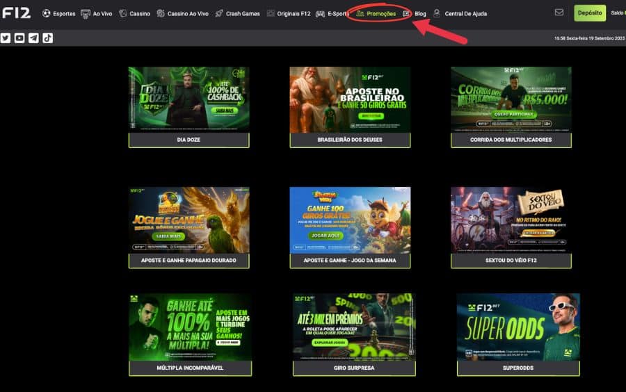 Página de promoções da F12.bet, com a aba "Promoções" destacada no menu principal, mostrando o primeiro passo para encontrar uma oferta.