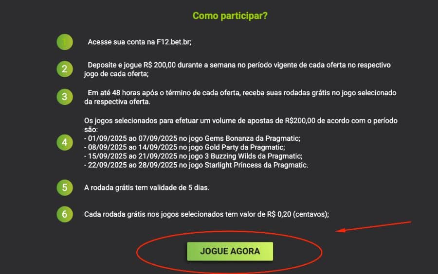 Tela de detalhes de uma promoção na F12.bet, listando as regras de "Como participar" e destacando o botão "JOGUE AGORA" para iniciar a participação.