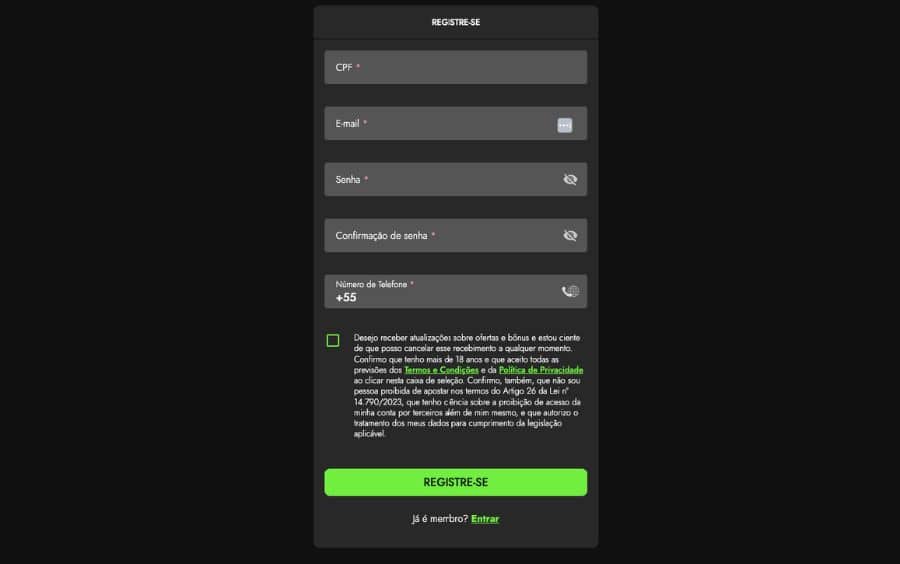 Formulário de registro do site de apostas Luva Bet, com os campos para CPF, e-mail, senha, telefone e o botão final para se registrar.