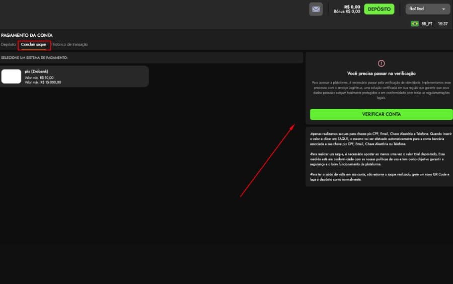 Página de saque da Luva Bet, mostrando a opção de retirada via Pix, os limites de valor e as regras importantes para a transação, como a necessidade de verificação KYC.