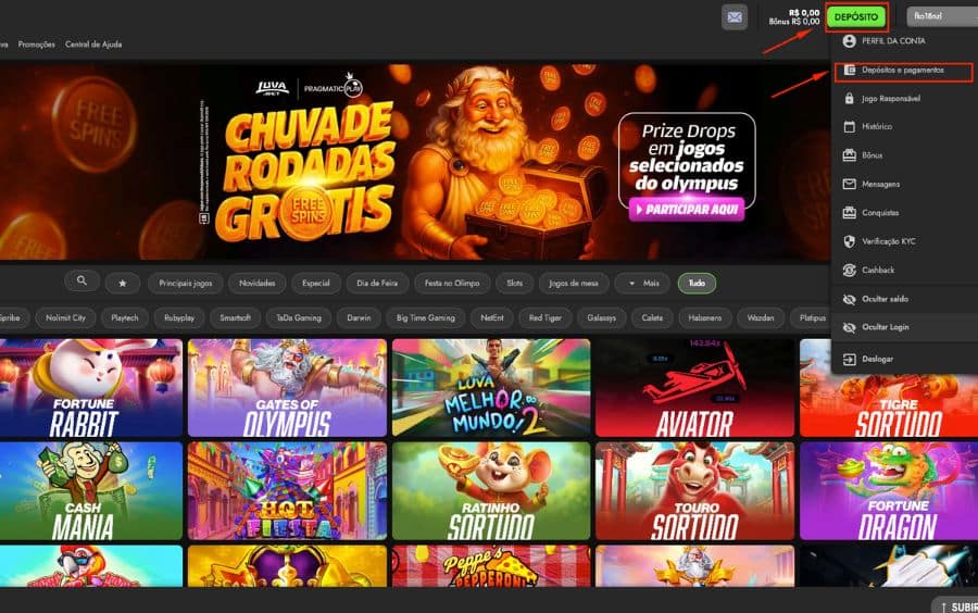 Menu de perfil do usuário no site Luva Bet, com setas indicando o caminho para acessar a seção 'Depósitos e pagamentos'.