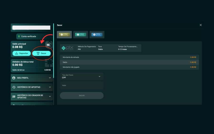 Captura de tela do painel da conta do usuário na Betão Bet, com um círculo vermelho destacando o botão 'Sacar', localizado ao lado do saldo principal.
