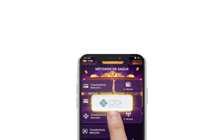 Tela de 'Métodos de Saque' de um cassino online em um celular. Dentre várias opções de pagamento, o logo do Pix está em destaque e selecionado, indicando a escolha para receber os ganhos.