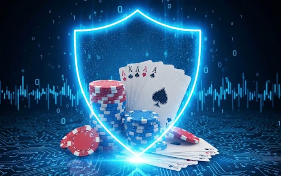 Imagem conceitual sobre segurança, mostrando um escudo de neon azul protegendo um jogo de cartas e fichas de cassino, representando o Jogo Responsável, um pilar da nossa Análise Completa da F12.bet.