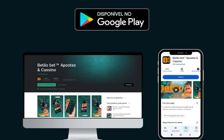 Captura de tela mostrando o aplicativo Betão Bet disponível para download na Google Play Store em dispositivos Android e desktop, para registro e apostas online no Brasil.