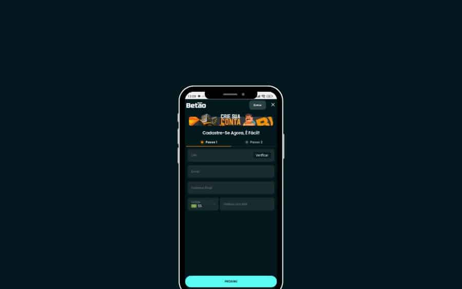 Formulário de cadastro no aplicativo Betão Bet (Passo 1), mostrando campos para CPF, e-mail e telefone para iniciar o registro em 2025