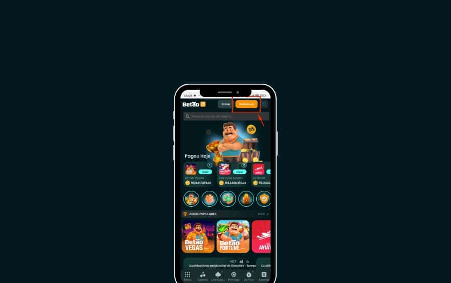 Tela principal do aplicativo Betão Bet com destaque para o botão 'Cadastre-se', jogos populares como Betão Vegas e Aviator, e opções de cassino ao vivo