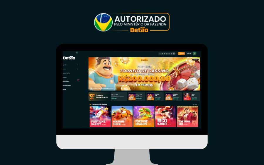 Imagem do selo 'AUTORIZADO PELO MINISTÉRIO DA FAZENDA' com a bandeira do Brasil, posicionado sobre uma tela de computador exibindo a página principal do cassino Betão Bet, reforçando a confiabilidade da plataforma.