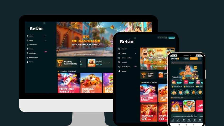 Imagens da plataforma Betão Bet sendo exibidas em um monitor de computador, um tablet e um smartphone Android, demonstrando o design 100% responsivo do site. O layout e o conteúdo se adaptam perfeitamente a diferentes tamanhos de tela, mantendo todas as funcionalidades de apostas e cassino online
