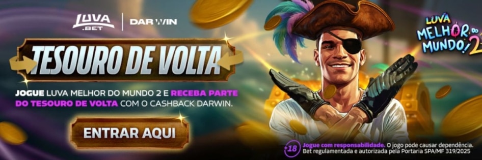 Banner da promoção de cashback 'Tesouro de Volta' da Luva Bet, com a imagem de um pirata e o logo da provedora Darwin.