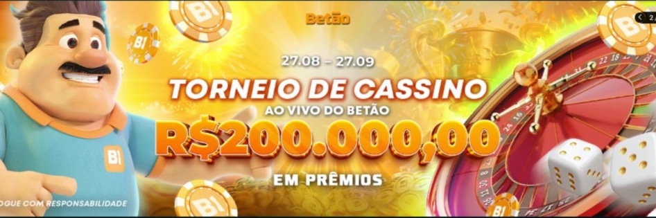 Anúncio do Bônus Betão Bet para o torneio de Cassino Ao Vivo, mostrando uma roleta e o prêmio total de R$ 200.000.