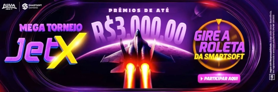Banner do 'Mega Torneio eTX' da Smartsoft na Luva Bet, com a imagem de um caça a jato e o texto 'Gire a Roleta', promovendo prêmios de até R$3.000,00.