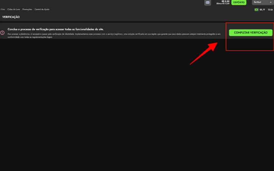 Página inicial de verificação de identidade (KYC) da Luva Bet, instruindo o usuário a completar o processo e mostrando o botão verde 'COMPLETAR VERIFICAÇÃO'.
