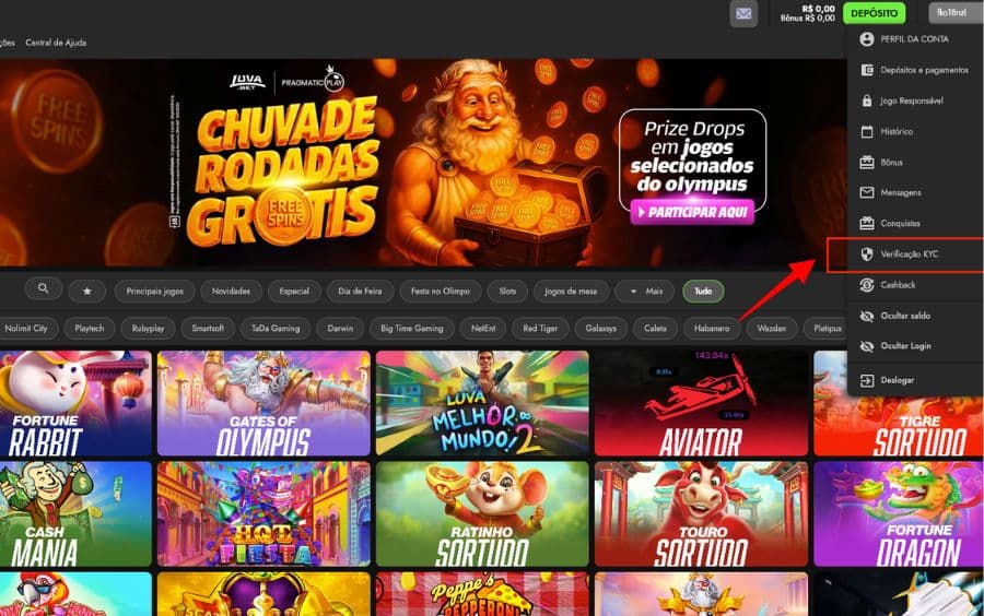 Menu de perfil do usuário no site Luva Bet, com a opção 'Verificação KYC' destacada para iniciar o processo de validação de identidade.