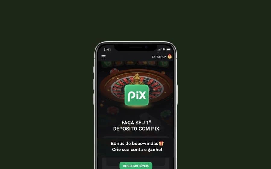 Tela de depósito em um cassino online, com o logotipo do PIX em destaque como método de pagamento e um banner de bônus de boas-vindas.