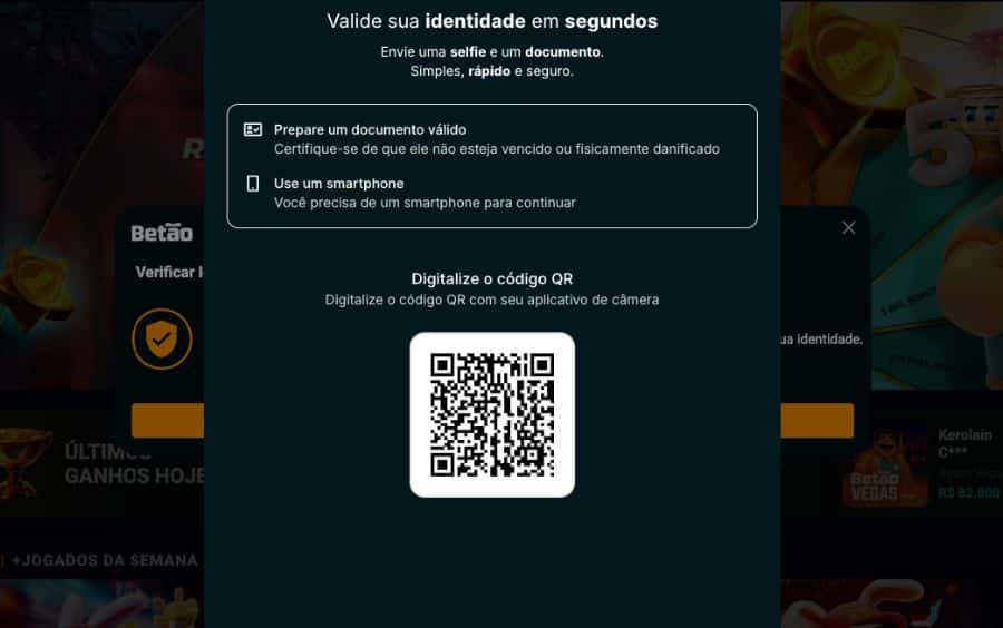 Tela de instruções para validação de identidade na Betão, mostrando os requisitos (documento válido, smartphone) e um código QR para ser escaneado com o aplicativo de câmera do celular para continuar o processo de envio de documentos e selfie