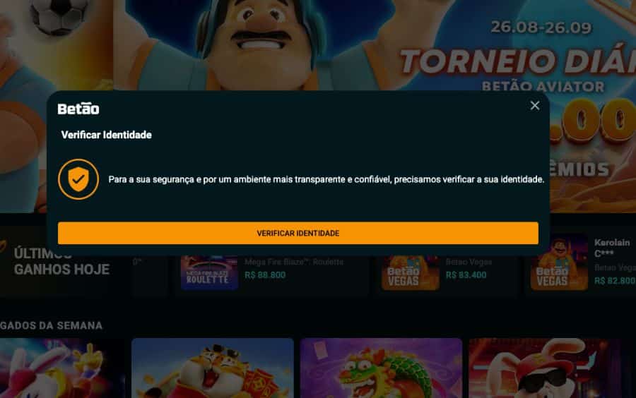 Janela pop-up da Betão solicitando a verificação de identidade para segurança do usuário, com um botão 'VERIFICAR IDENTIDADE' no betão bet