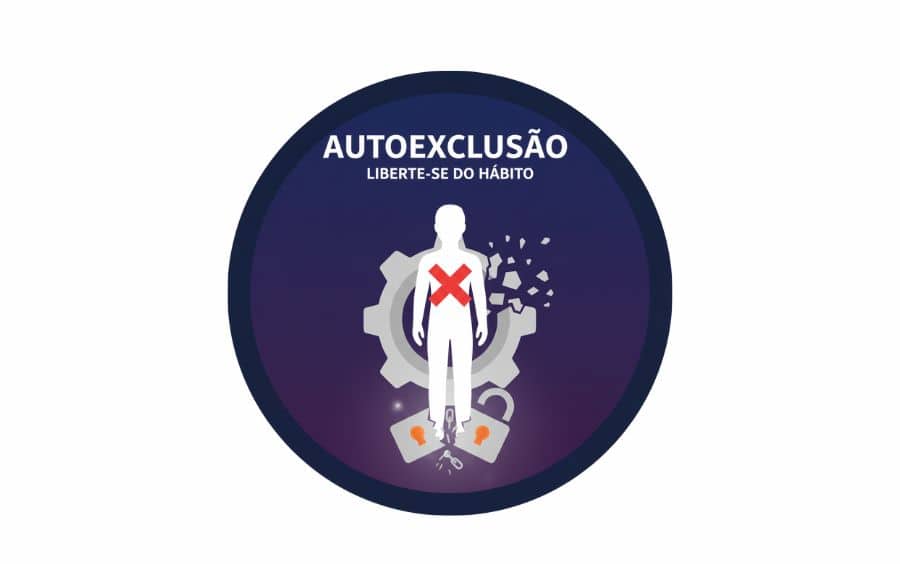 Ícone redondo para o tema Autoexclusão, mostrando uma pessoa sobreposta por um 'X' vermelho dentro de uma engrenagem, com um cadeado quebrado abaixo, simbolizando a libertação de um hábito.