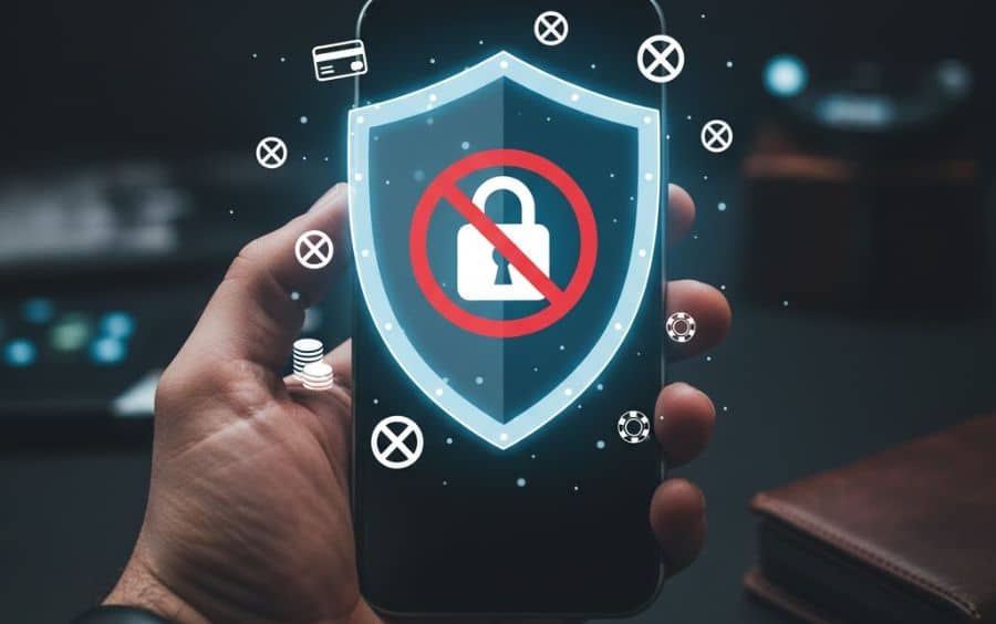 Mão segurando smartphone com um escudo de proteção na tela, simbolizando o bloqueio e a autoexclusão de apostas online.