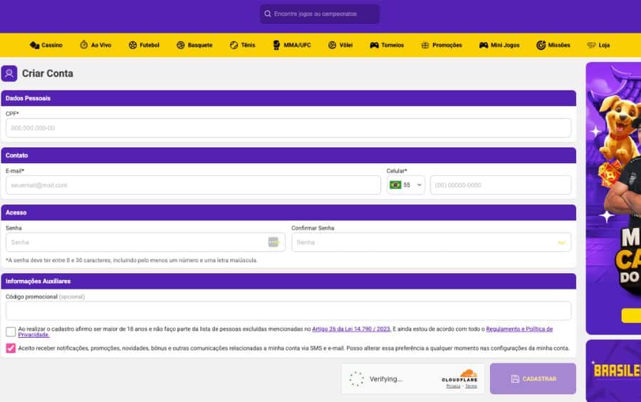 Formulário de 'Criar Conta' do Lance de Sorte, exibindo os campos para preenchimento de CPF, E-mail, Celular e Senha.