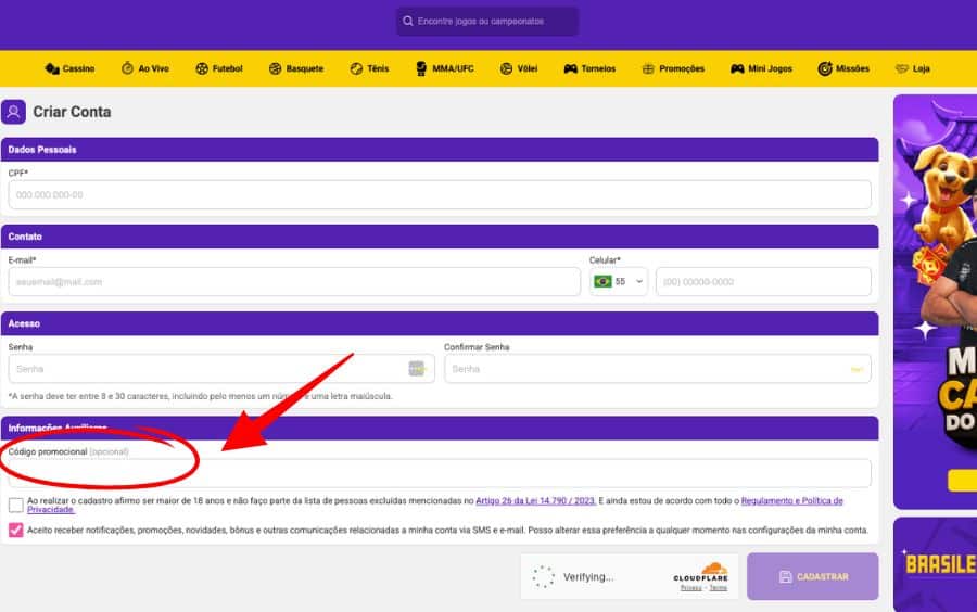 Captura de tela do formulário de cadastro da Lance de Sorte, com uma seta ou caixa destacando o campo opcional 'Código Promocional' localizado abaixo dos dados de registro.