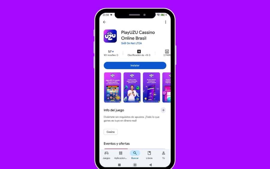 App PlayUZU Brasil: página do PlayUZU Cassino Online Brasil na Google Play com botão Instalar para baixar o app no Android