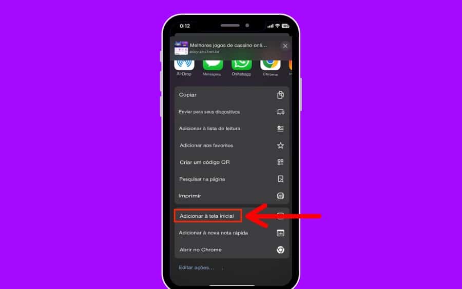 Menu do navegador no iPhone com a opção Adicionar à tela inicial selecionada para criar atalho do PlayUZU