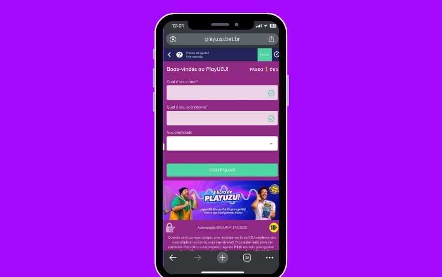 Cadastro do PlayUZU no celular com campos de nome, sobrenome e nacionalidade no passo 1 de 6