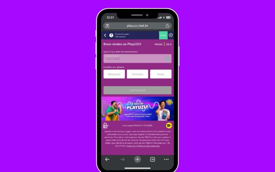 Etapa do cadastro PlayUZU no celular pedindo data de nascimento e seleção de gênero no passo 2 de 6
