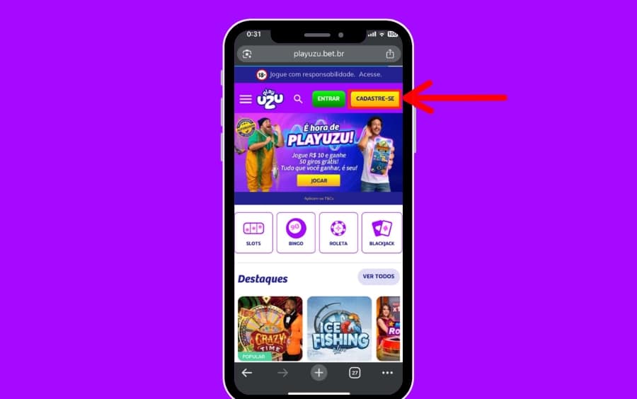 Página inicial do PlayUZU no celular com o botão Cadastre-se destacado no topo da tela