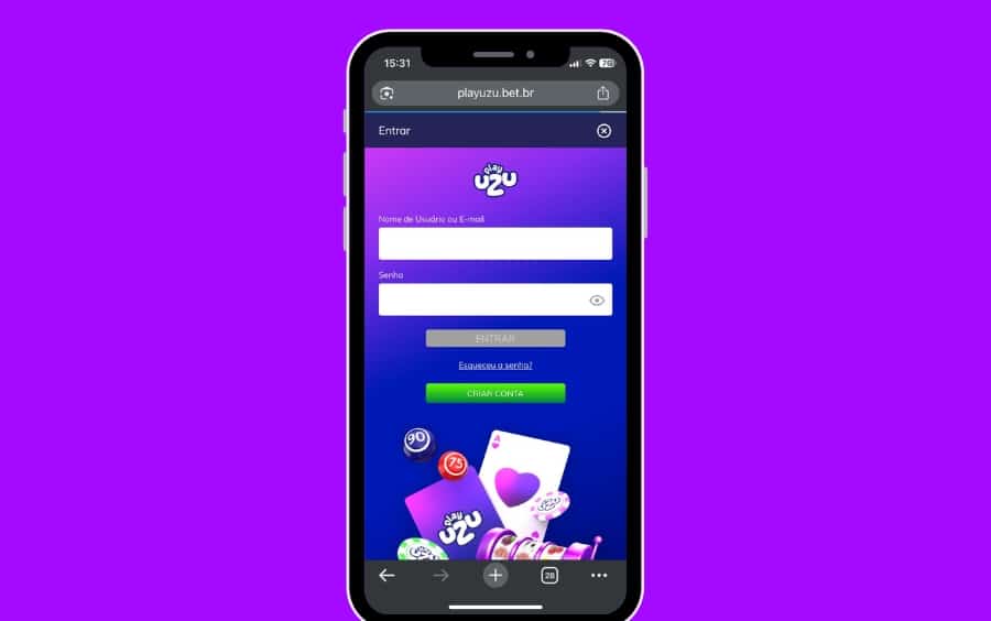 Tela de login do PlayUZU no celular com campos para Nome de usuário ou e-mail e senha para entrar na conta