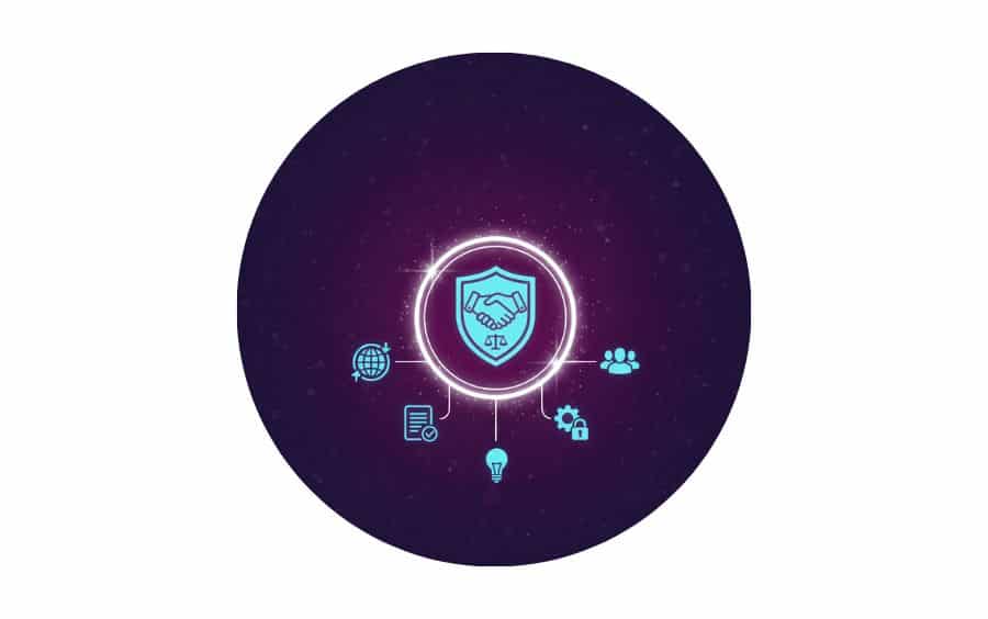 Ícone simbolizando Cooperação e Regulamentação, com um aperto de mãos representando acordos e um martelo de juiz ao fundo para representar a lei e a regulamentação.