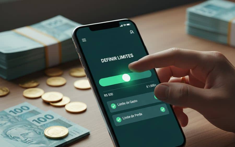 Apostador usando as ferramentas de autocontrole em um celular para definir limites de aposta, com dinheiro brasileiro ao fundo.