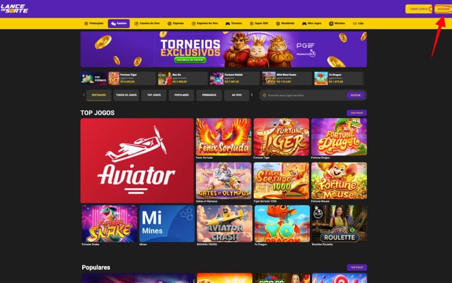 Página inicial do site Lance de Sorte, destacando o botão "ACESSAR" no canto superior direito para iniciar o login.