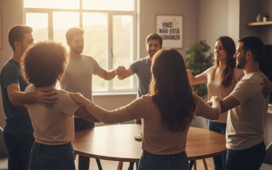Círculo de pessoas diversas de mãos dadas, representando um grupo de apoio ou terapia.