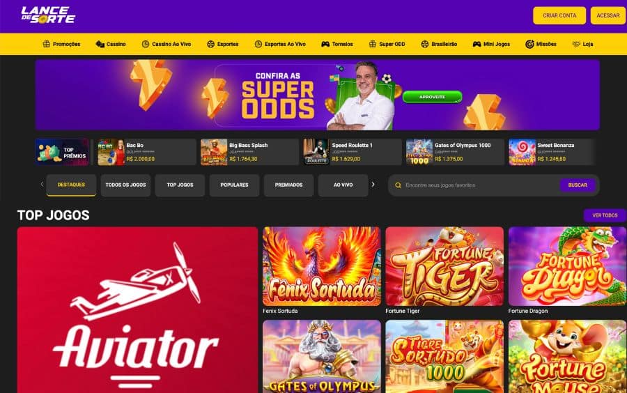 Seção 'Top Jogos' do cassino Lance de Sorte, mostrando jogos populares como Aviator, Fênix Sortuda, Fortune Tiger e Gates of Olympus, disponíveis após o cadastro.
