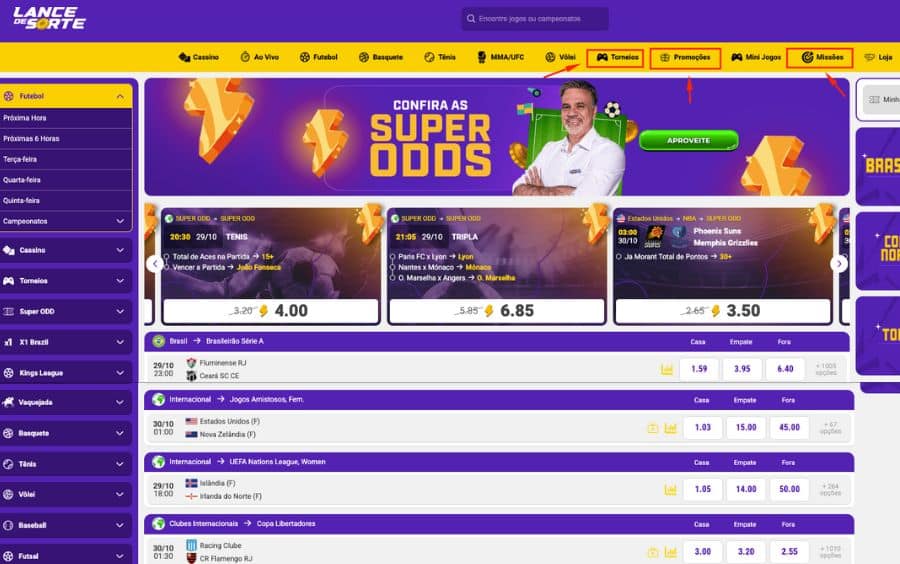 Captura de tela do site Lance de Sorte mostrando o menu principal, com as abas 'Promoções', 'Missões' e 'Torneios' destacadas na navegação superior.
